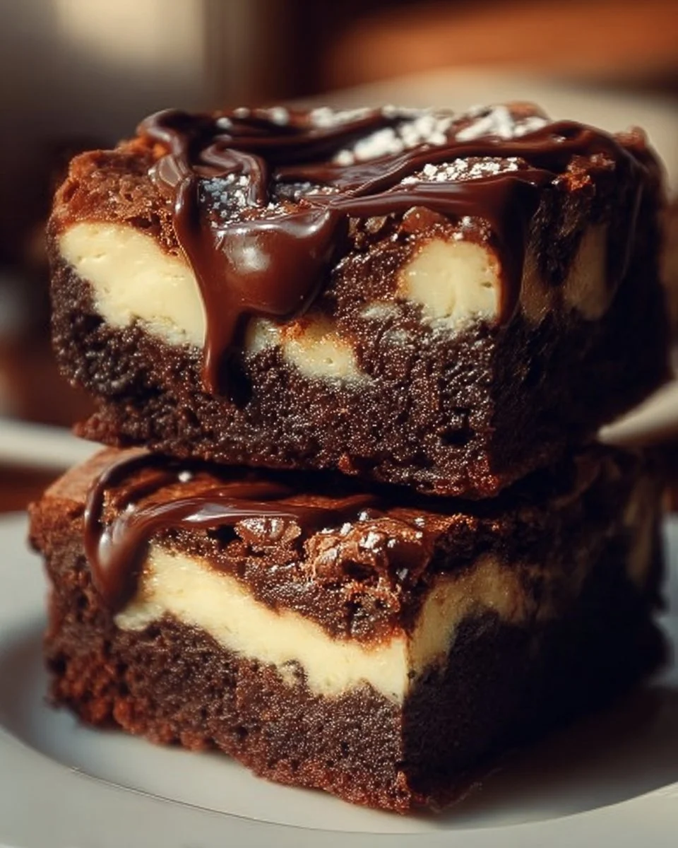Frischkäse-Brownies mit schokoladigem Belag auf einem Teller serviert.
