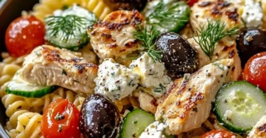 Griechischer Hähnchen-Tzatziki-Pasta-Salat auf einem Teller