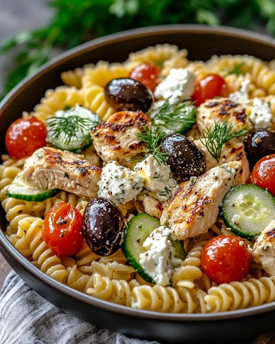 Griechischer Hähnchen-Tzatziki-Pasta-Salat auf einem Teller