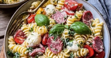 Grinder Nudelsalat mit frischen Zutaten in einer bunten Schüssel