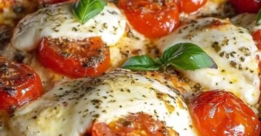Hähnchenbrust Tomate-Mozzarella mit schneller Soße auf einem Teller serviert
