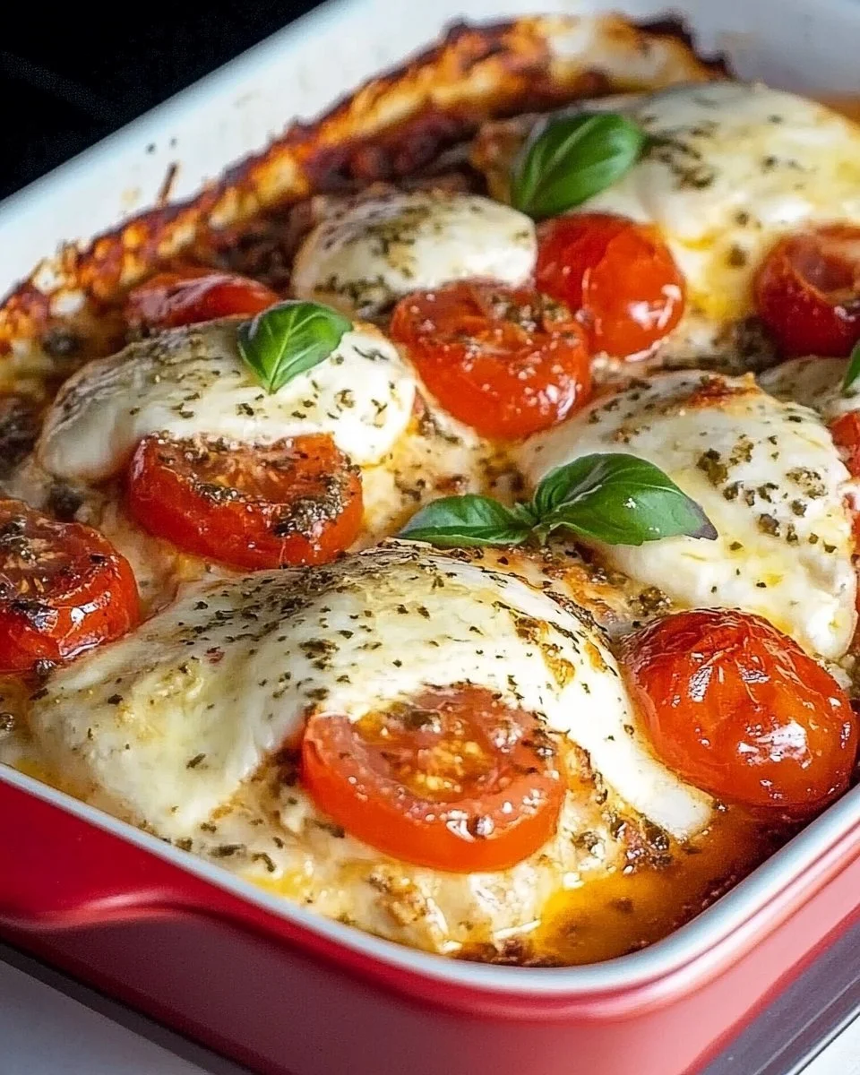 Hähnchenbrust Tomate-Mozzarella mit schneller Soße auf einem Teller serviert