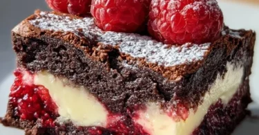 Himbeer-Brownie-Käsekuchen mit frischen Himbeeren und cremigem Käsekuchen