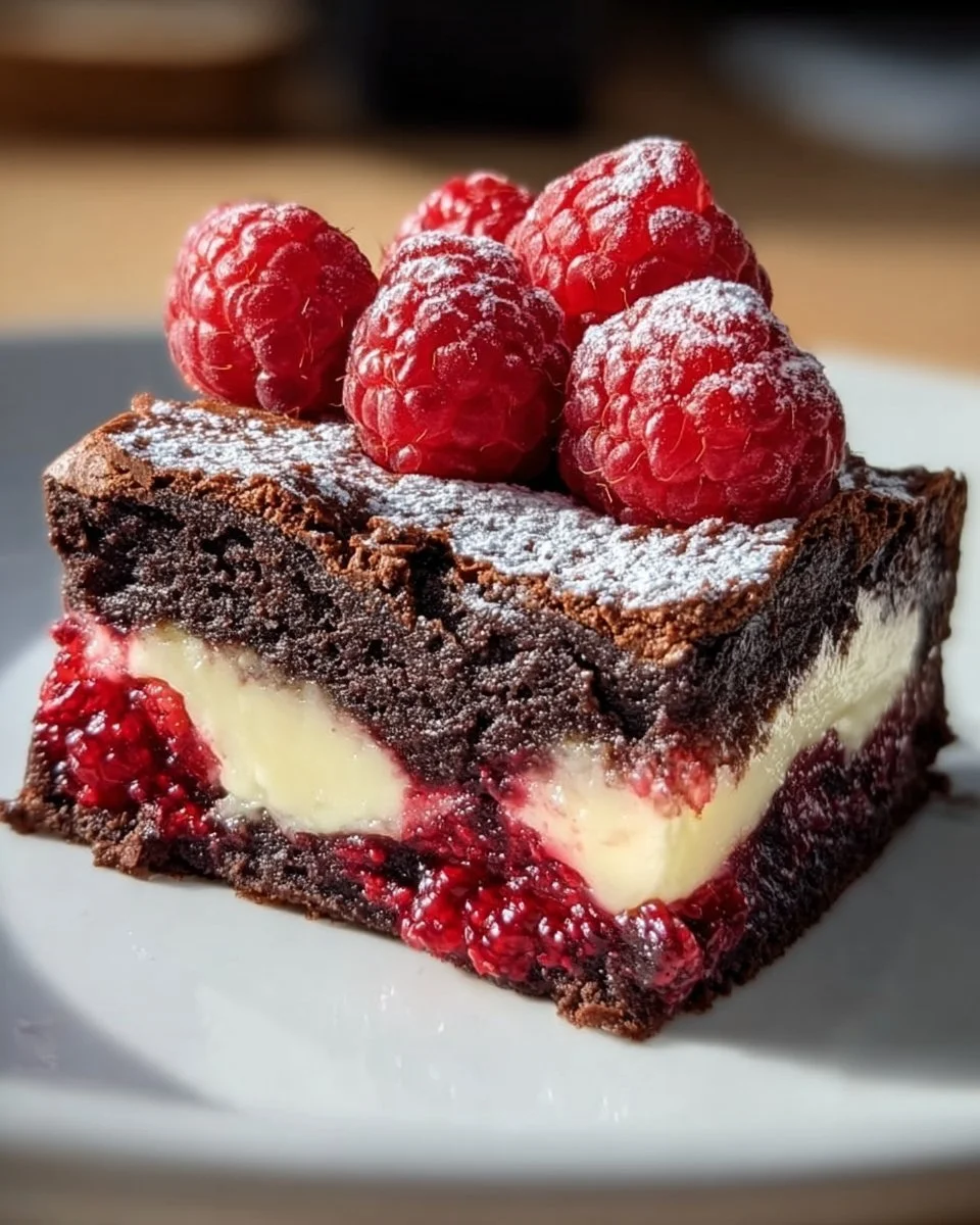 Himbeer-Brownie-Käsekuchen mit frischen Himbeeren und cremigem Käsekuchen