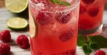 Erfrischende Himbeerlimonade ohne Zucker in einem Glas auf einem Tisch.