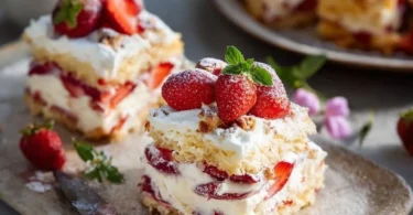 Himmelstorte vom Blech mit Erdbeeren auf einem Kuchenteller
