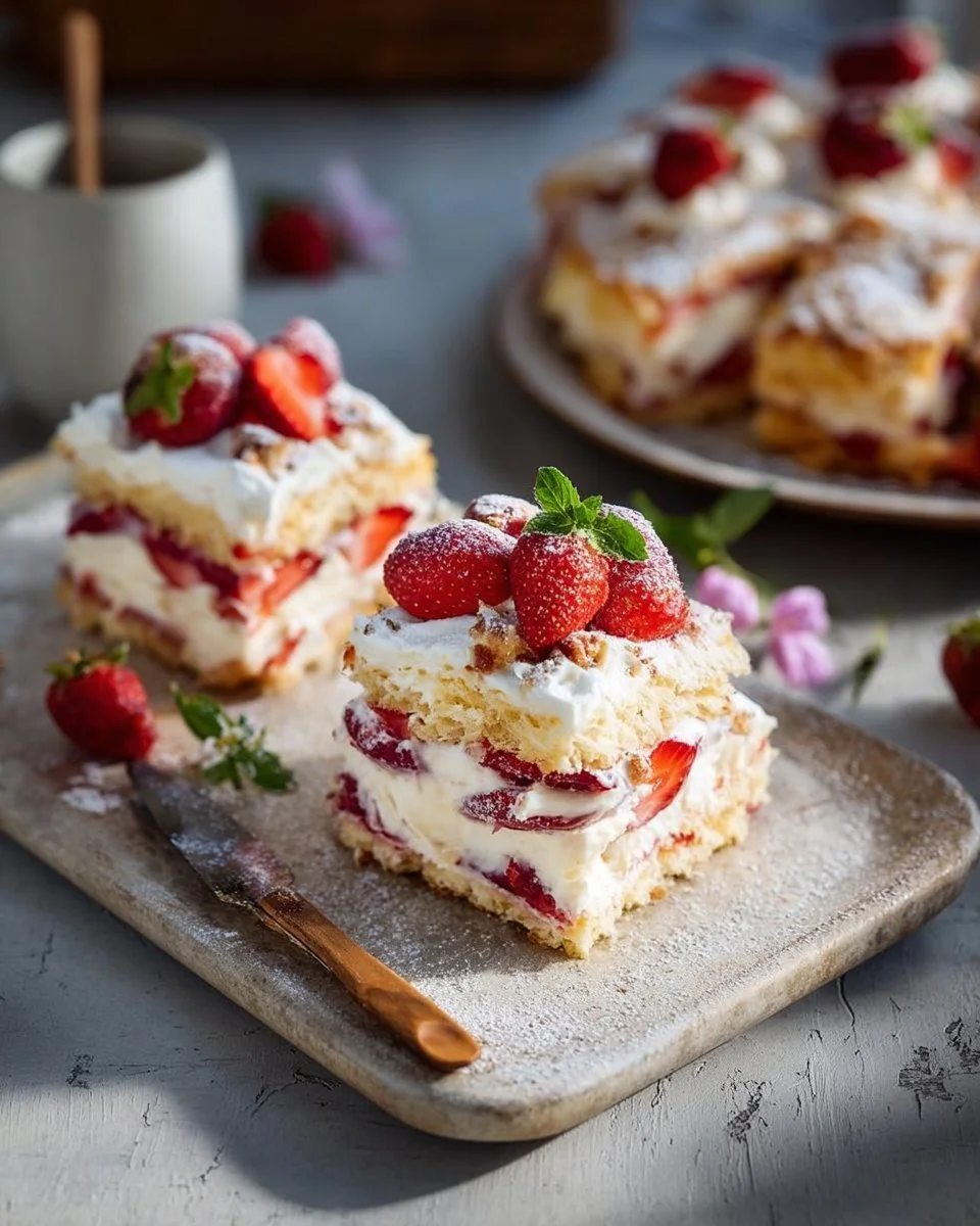 Himmelstorte vom Blech mit Erdbeeren auf einem Kuchenteller