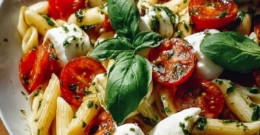 Italienischer Nudelsalat mit Mozzarella und Tomaten auf einem Teller