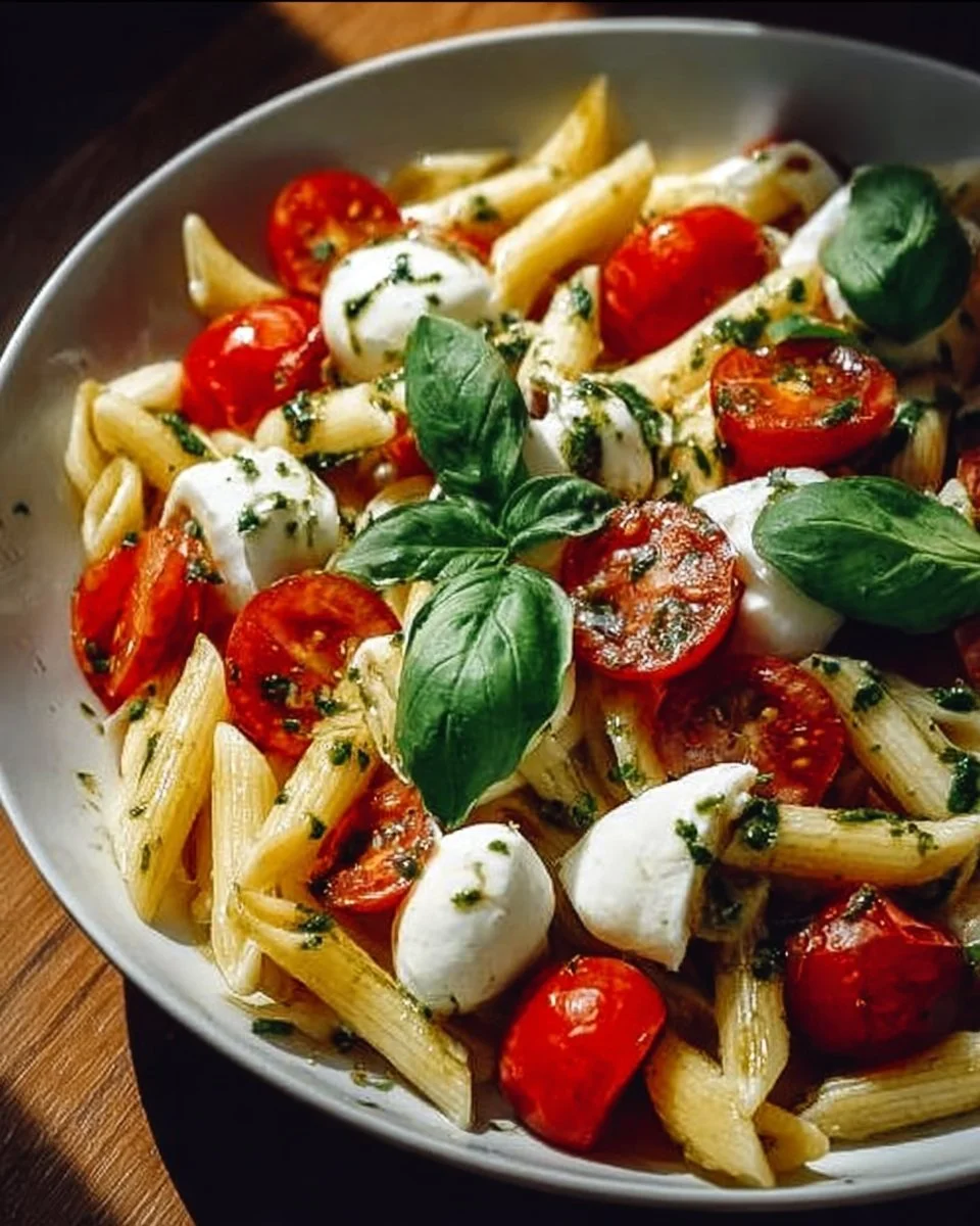 Italienischer Nudelsalat mit Mozzarella und Tomaten auf einem Teller