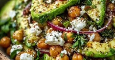 Schüssel mit Kichererbsen, Feta und Avocado für ein gesundes Gericht