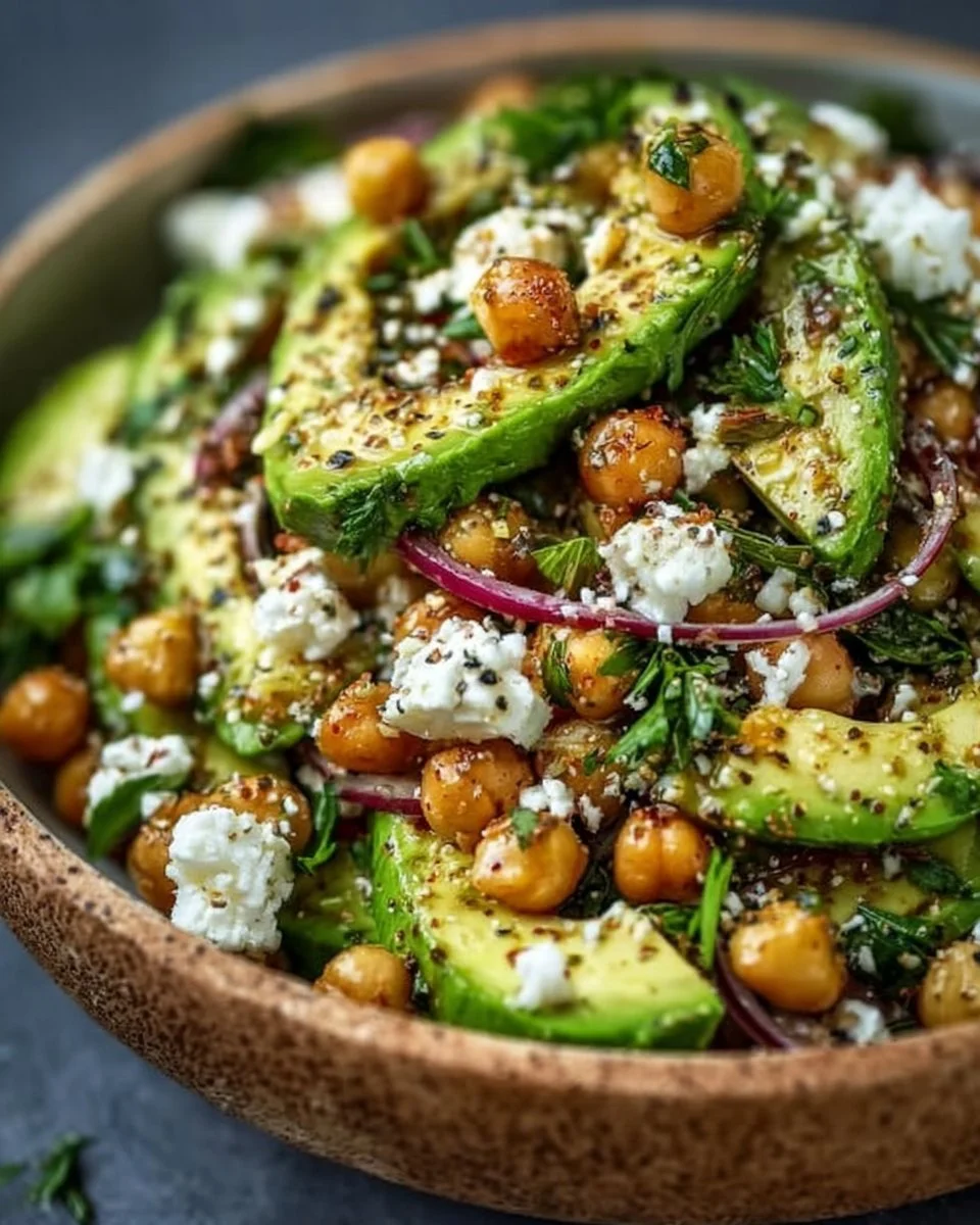 Schüssel mit Kichererbsen, Feta und Avocado für ein gesundes Gericht