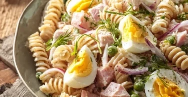 Bild eines klassischen Nudelsalats mit frischem Gemüse und Pasta