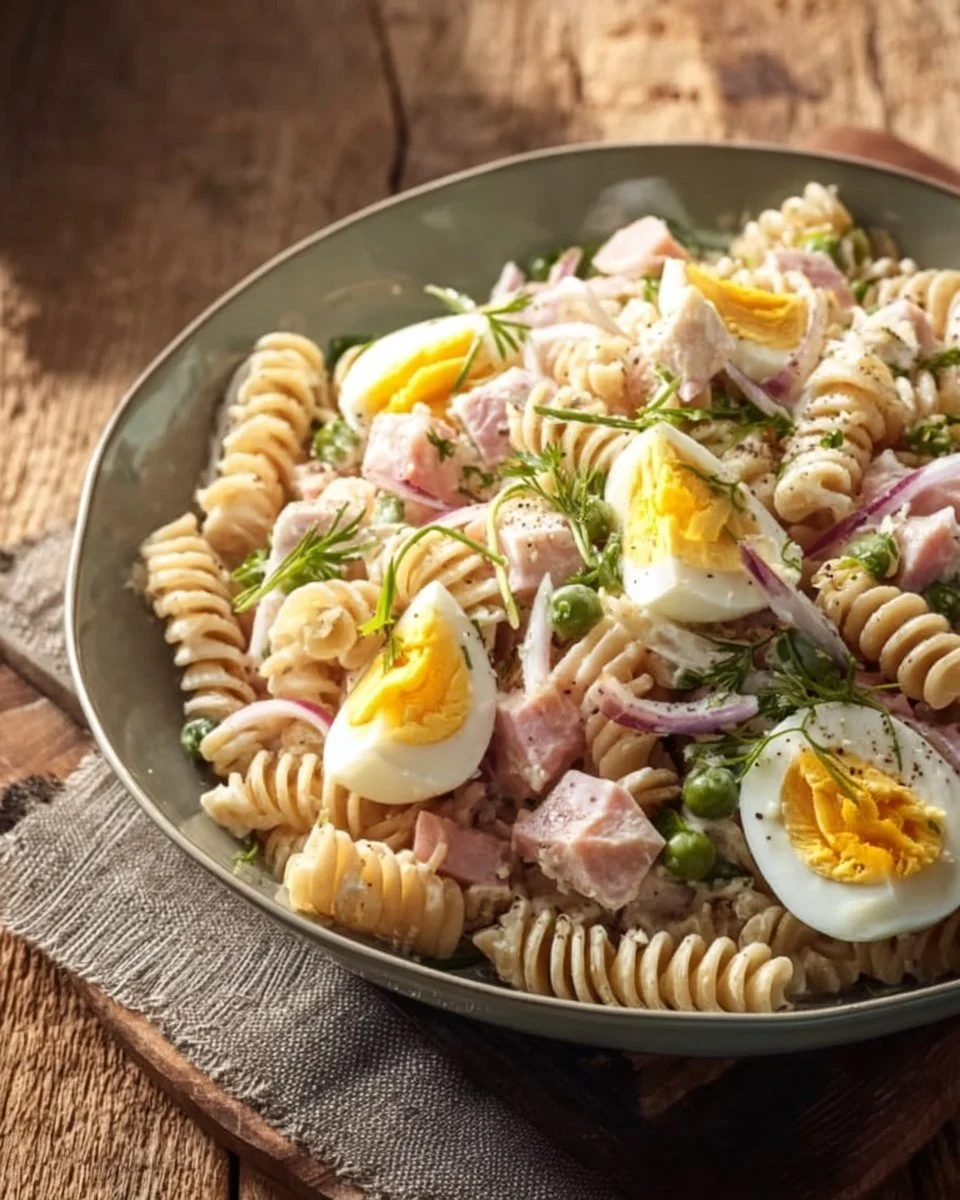 Bild eines klassischen Nudelsalats mit frischem Gemüse und Pasta