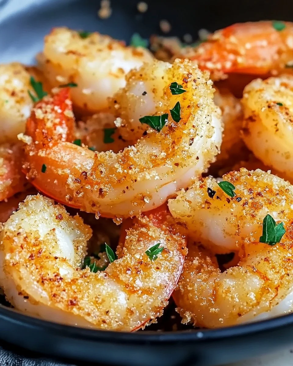 Knusprige Knoblauch-Parmesan-Garnelen serviert mit Zitrone und Petersilie