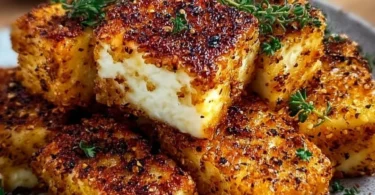 Knuspriger Feta aus dem Airfryer auf einem Teller serviert.