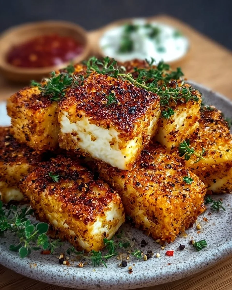 Knuspriger Feta aus dem Airfryer auf einem Teller serviert.