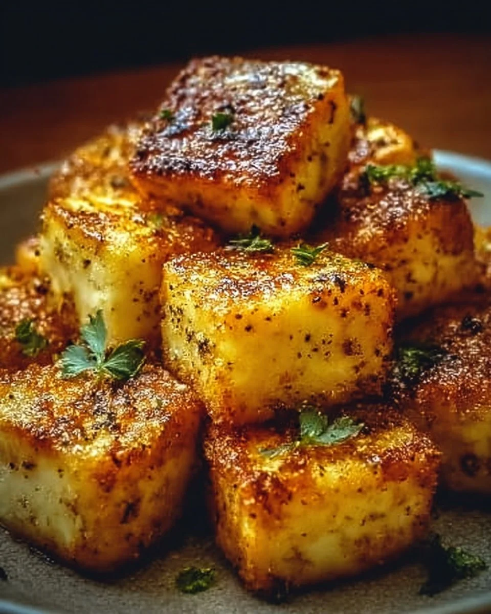 Knuspriger Feta aus dem Airfryer, serviert mit frischen Kräutern und Olivenöl