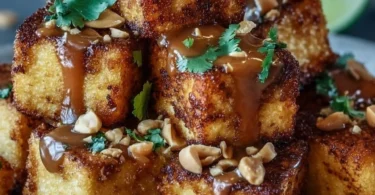 Knuspriger Tofu serviert mit Erdnusssauce auf einem Teller