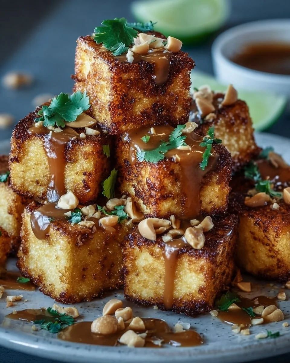 Knuspriger Tofu serviert mit Erdnusssauce auf einem Teller