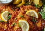 Knuspriges Zwiebel-Schnitzel aus der Heißluftfritteuse auf einem Teller serviert