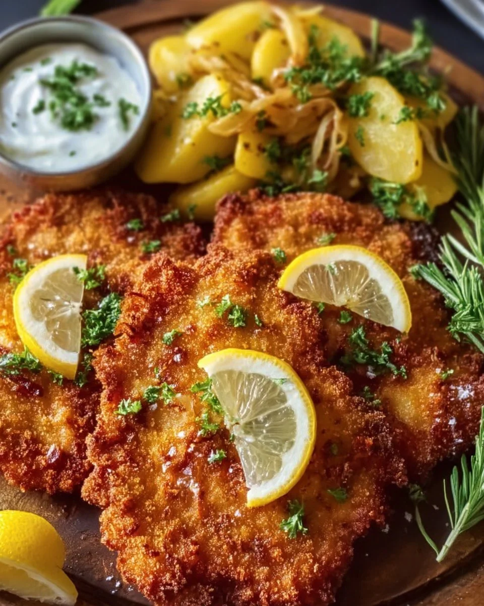 Knuspriges Zwiebel-Schnitzel aus der Heißluftfritteuse auf einem Teller serviert
