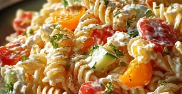 Leichter Nudelsalat mit Joghurt-Dressing auf einem Teller serviert