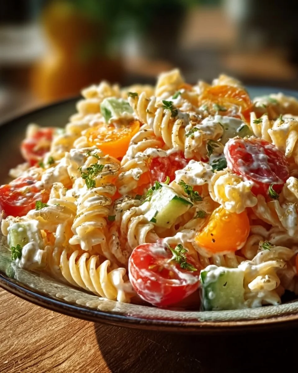 Leichter Nudelsalat mit Joghurt-Dressing auf einem Teller serviert