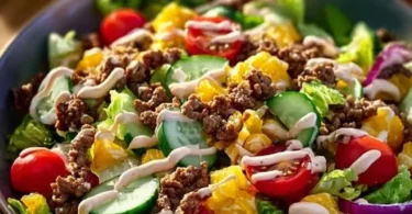 Leckeres Low Carb Big Mac Salat in einer Schüssel mit frischen Zutaten