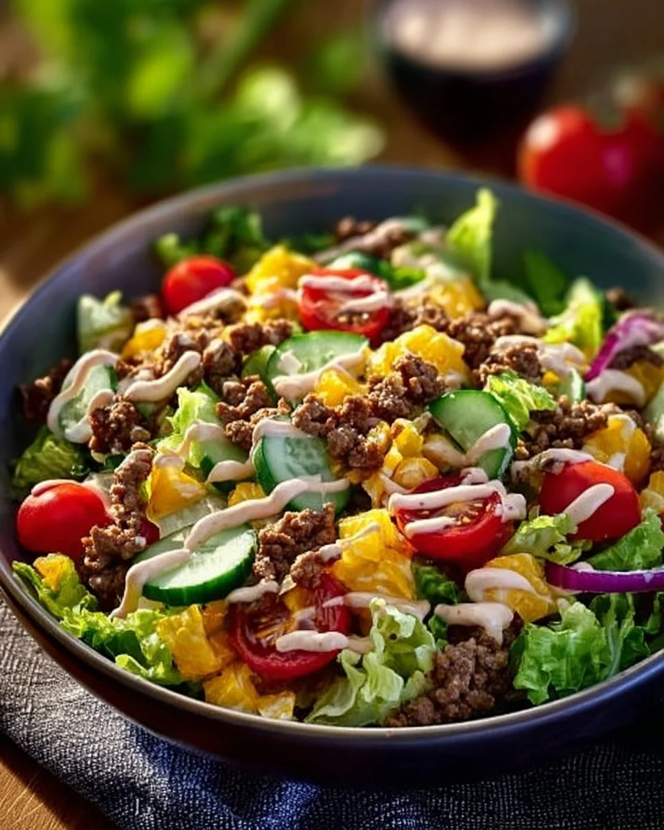 Leckeres Low Carb Big Mac Salat in einer Schüssel mit frischen Zutaten