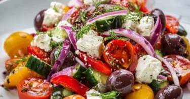 Mediterraner Salat mit frischem Gemüse und Oliven – ideal für Grillfeiern