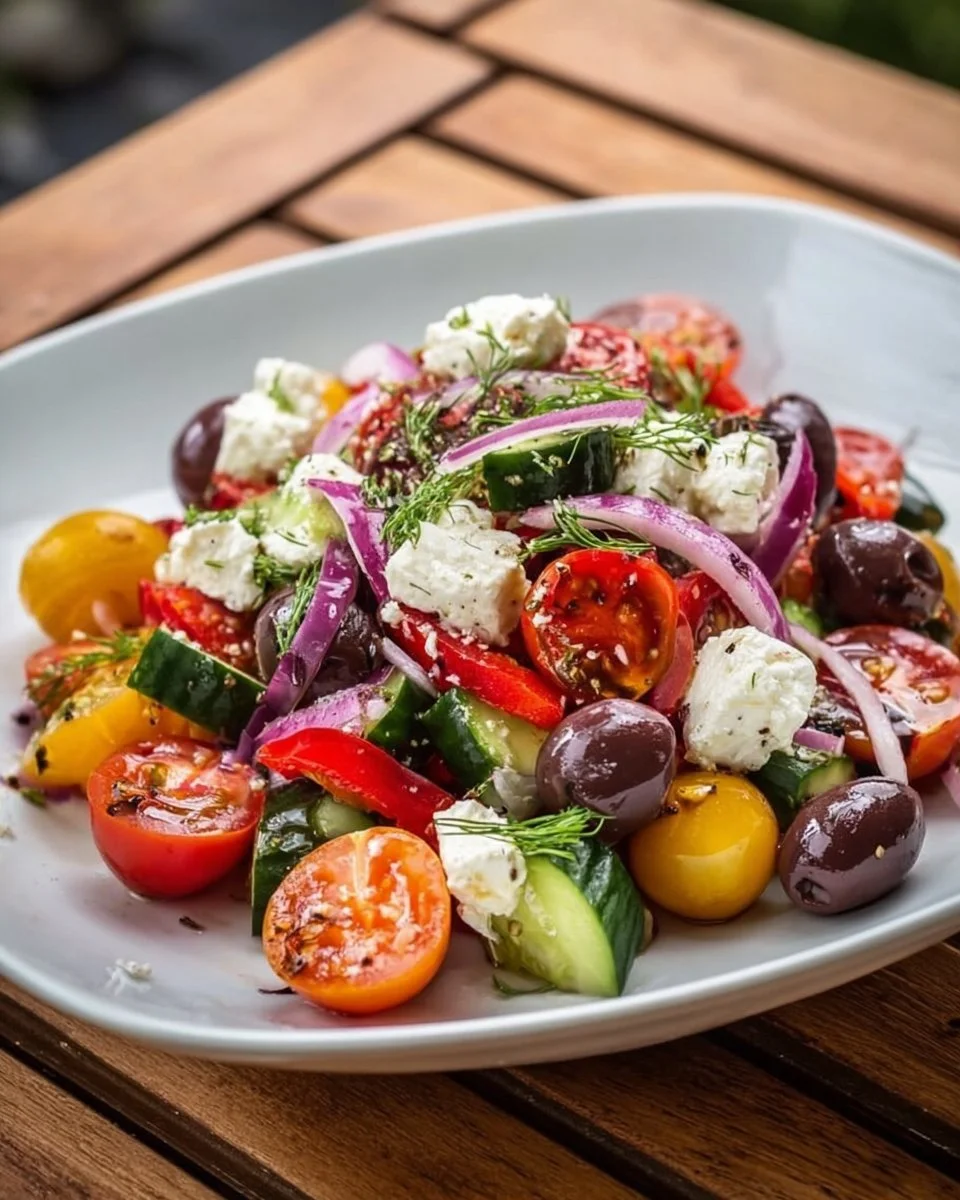 Mediterraner Salat mit frischem Gemüse und Oliven – ideal für Grillfeiern