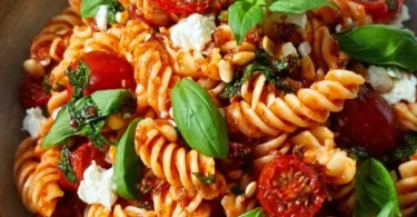 Mediterraner Nudelsalat mit frischem Gemüse und aromatischen Gewürzen.