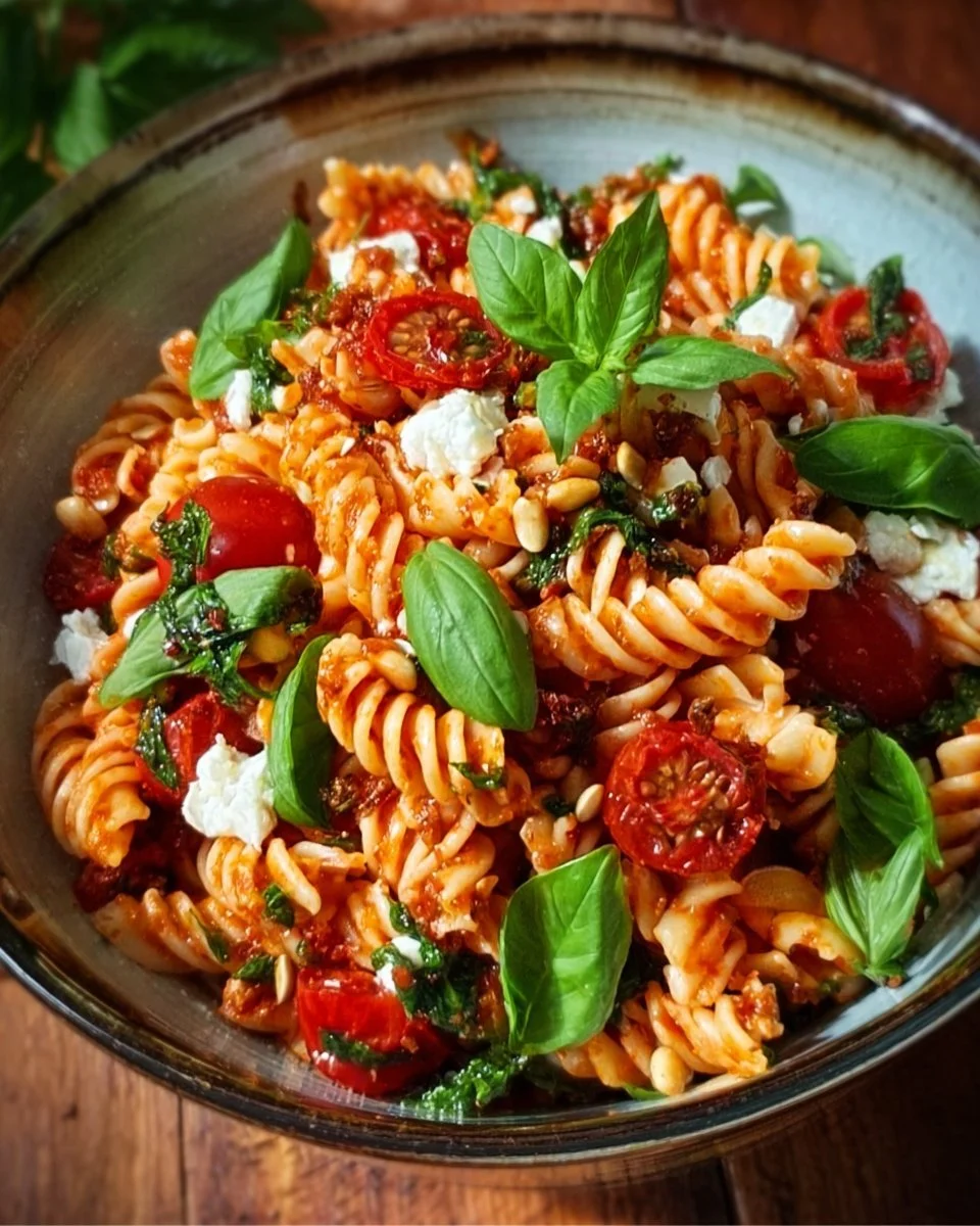 Mediterraner Nudelsalat mit frischem Gemüse und aromatischen Gewürzen.