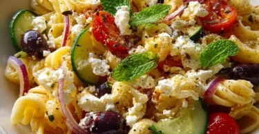 Mediterraner Nudelsalat mit frischem Gemüse und Kräutern