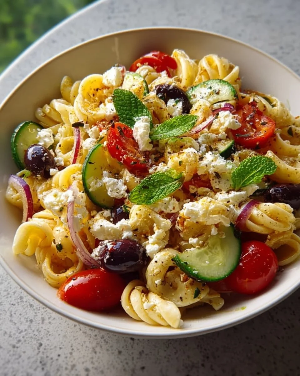 Mediterraner Nudelsalat mit frischem Gemüse und Kräutern