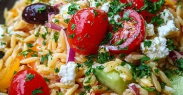 Mediterraner Orzo-Salat mit frischem Gemüse und Feta
