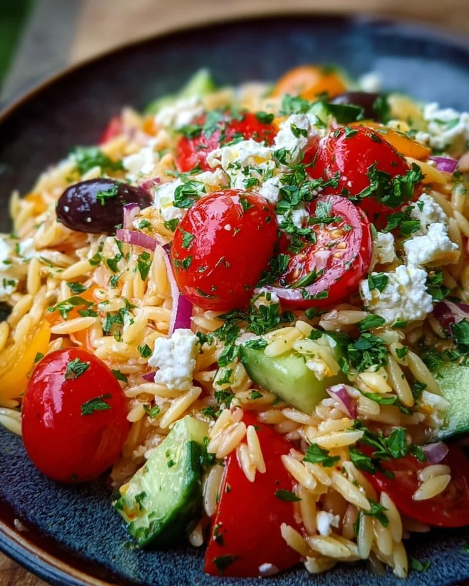 Mediterraner Orzo-Salat mit frischem Gemüse und Feta