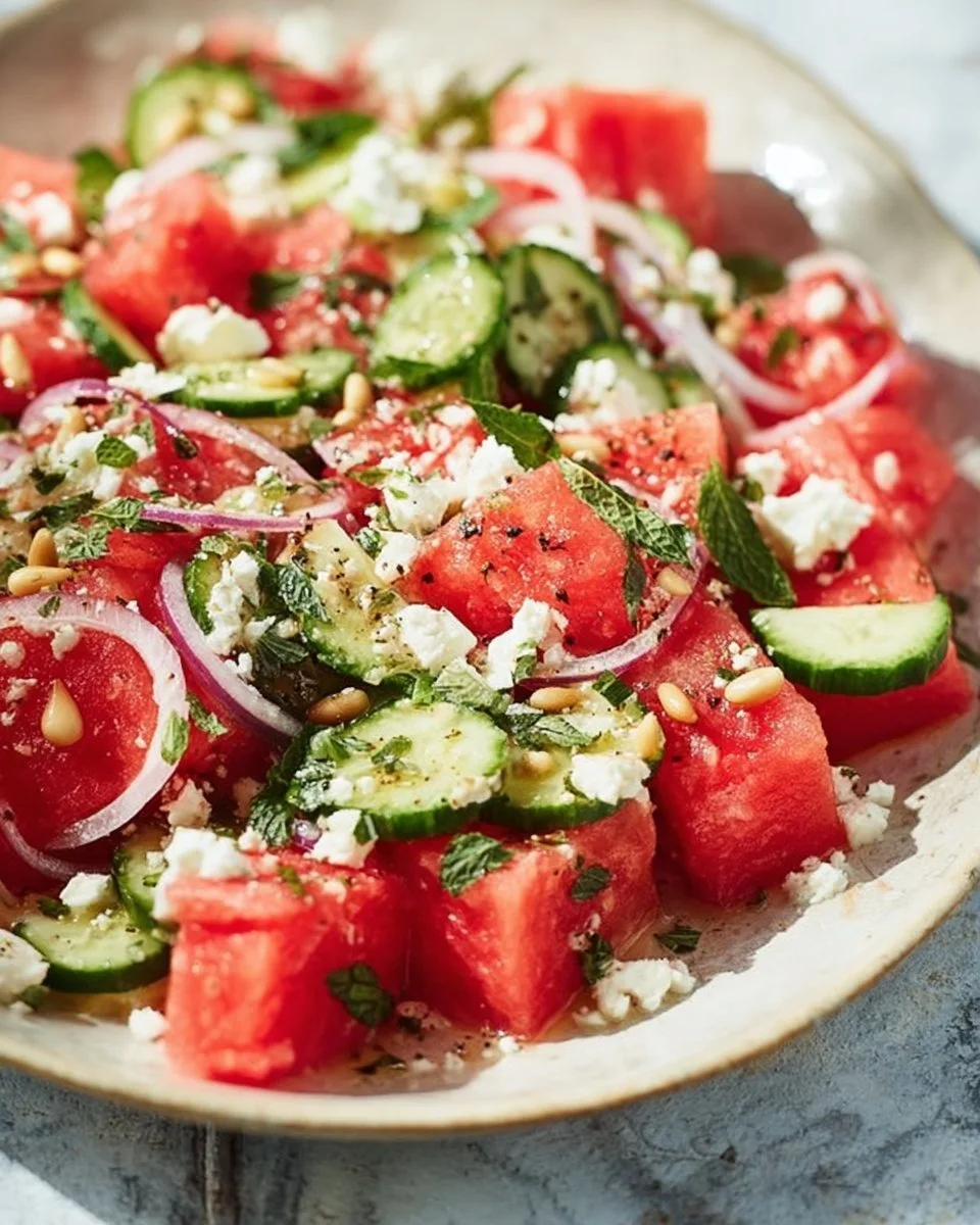 Erfrischender Melonen-Feta-Salat mit frischen Zutaten und Feta-Käse