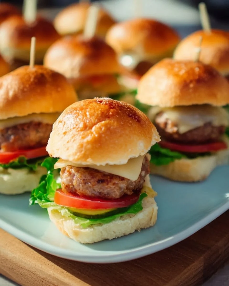 Ein Teller mit verschiedenen Mini-Burgern garniert mit frischem Gemüse und Saucen.