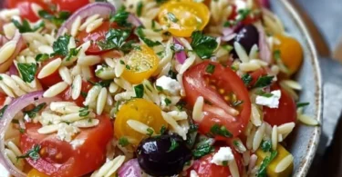 Mittelmeer Orzo Salat mit Gemüse und Feta-Käse