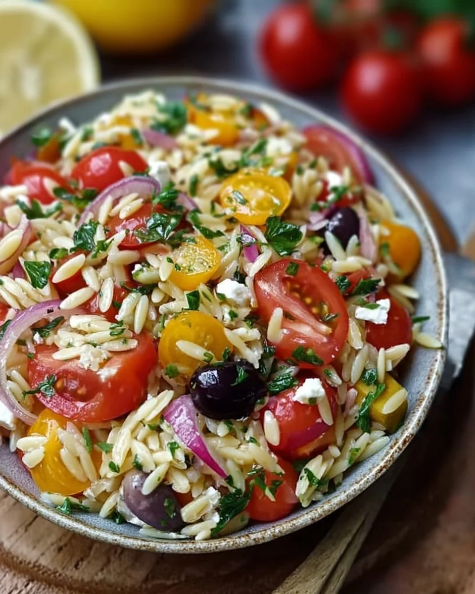 Mittelmeer Orzo Salat mit Gemüse und Feta-Käse