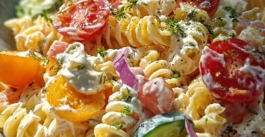 Nudelsalat mit Joghurt-Dressing auf einem Teller, garniert mit frischen Kräutern.