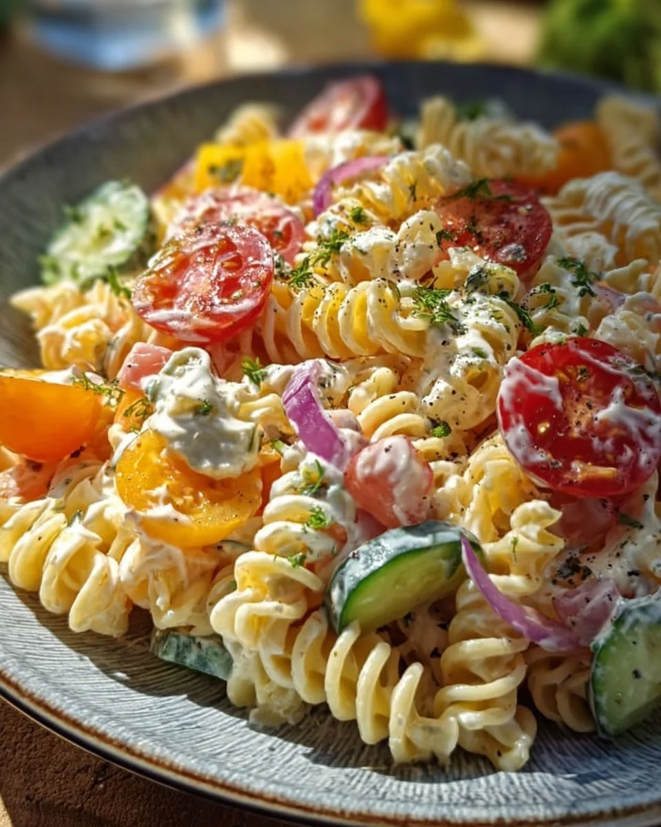 Nudelsalat mit Joghurt-Dressing auf einem Teller, garniert mit frischen Kräutern.