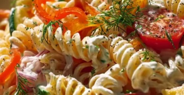 Nudelsalat mit Joghurtsoße in einer Schüssel, garniert mit frischen Kräutern.