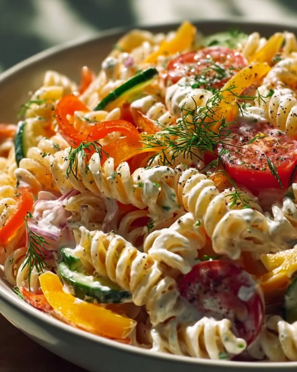 Nudelsalat mit Joghurtsoße in einer Schüssel, garniert mit frischen Kräutern.