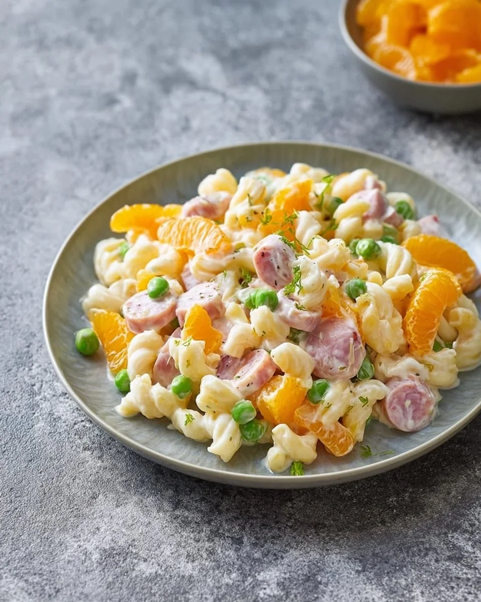 Leckerer Nudelsalat mit Mandarinen und Gemüse in einer Schüssel angerichtet.