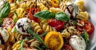 Nudelsalat mit Mozzarella und Kirsch-Extratomaten auf einem Teller angerichtet