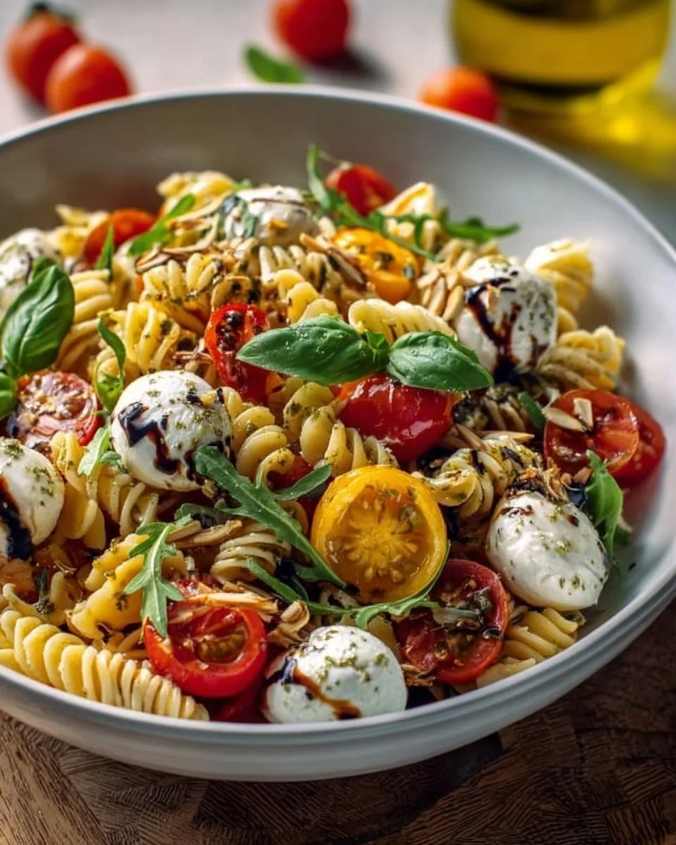 Nudelsalat mit Mozzarella und Kirsch-Extratomaten auf einem Teller angerichtet