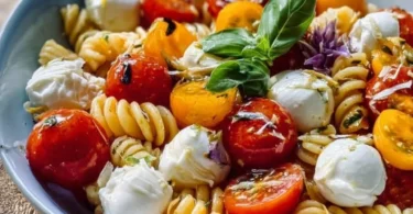Nudelsalat mit Mozzarella und Kirschtomaten auf einem Teller