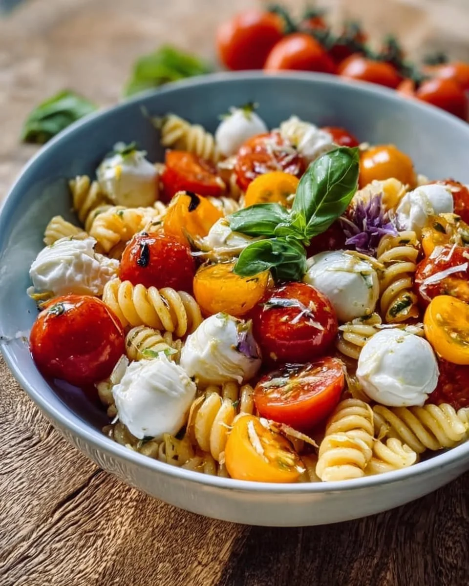 Nudelsalat mit Mozzarella und Kirschtomaten auf einem Teller